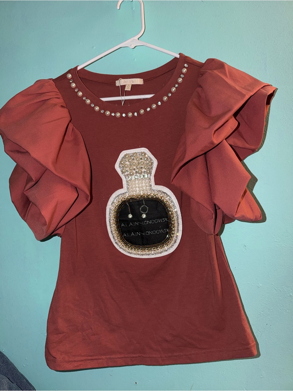 Pastels Rust Ruffle Sleeve Tee with Pearl Neckline